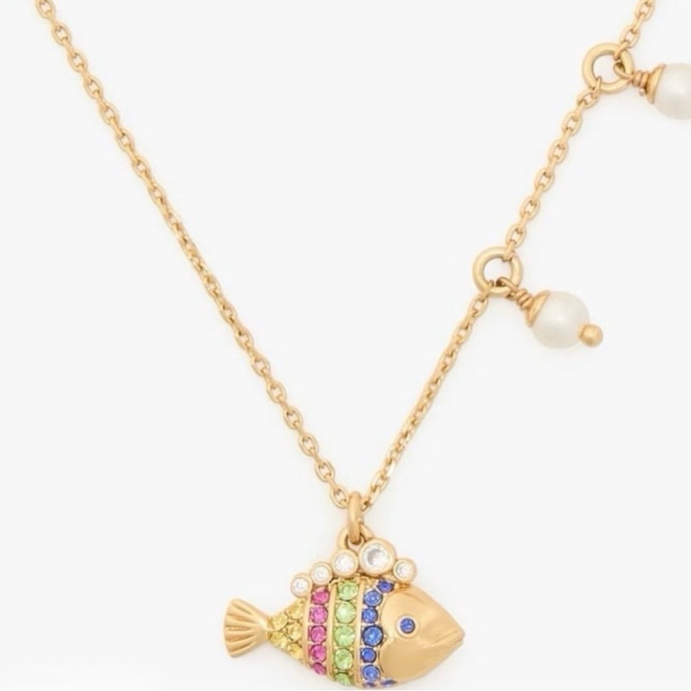 Kate Spade Gold Necklace with Multicolored Fish and Pearl Accents new with tag - Picture 5 of 5